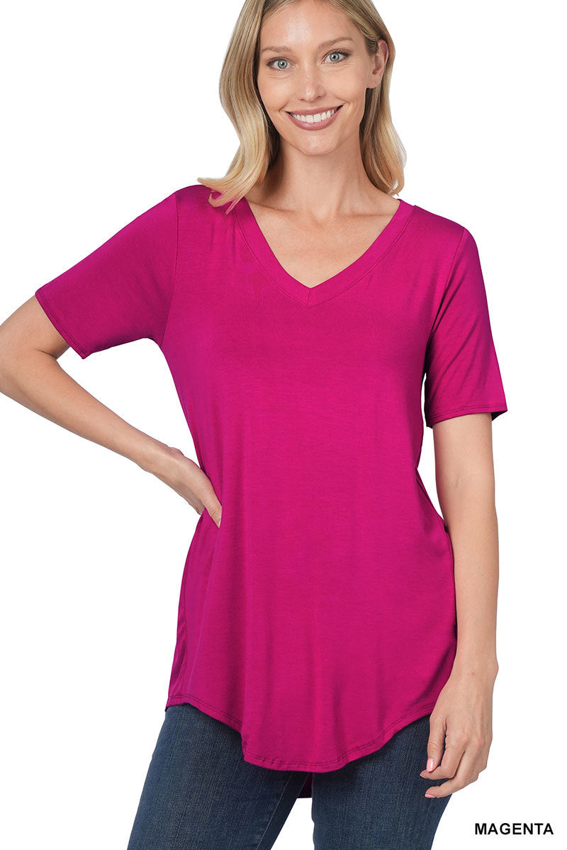 Luxe Rayon Short Sleeve V Neck Hi Low Hem Top