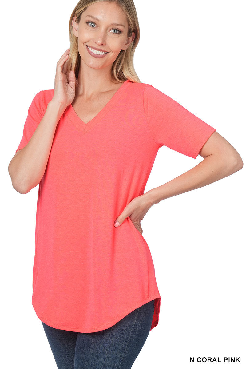 Luxe Rayon Short Sleeve V Neck Hi Low Hem Top