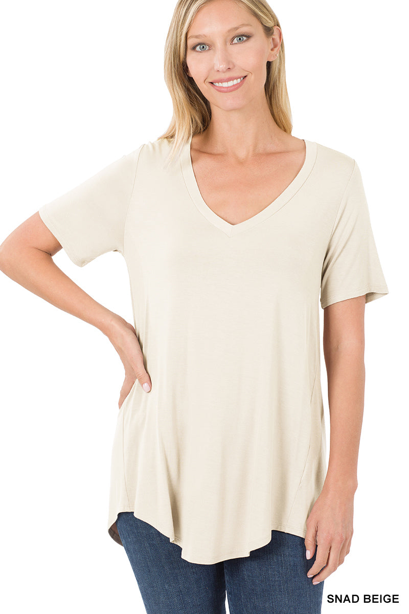 Luxe Rayon Short Sleeve V Neck Hi Low Hem Top