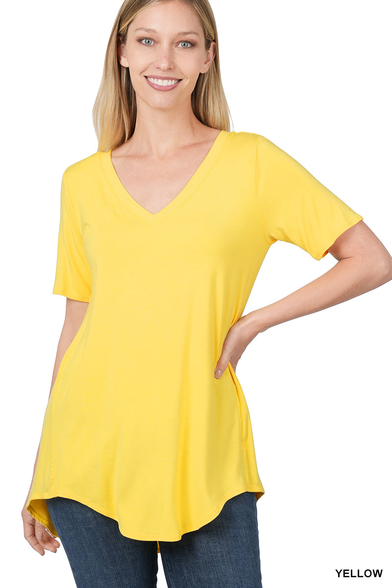 Luxe Rayon Short Sleeve V Neck Hi Low Hem Top