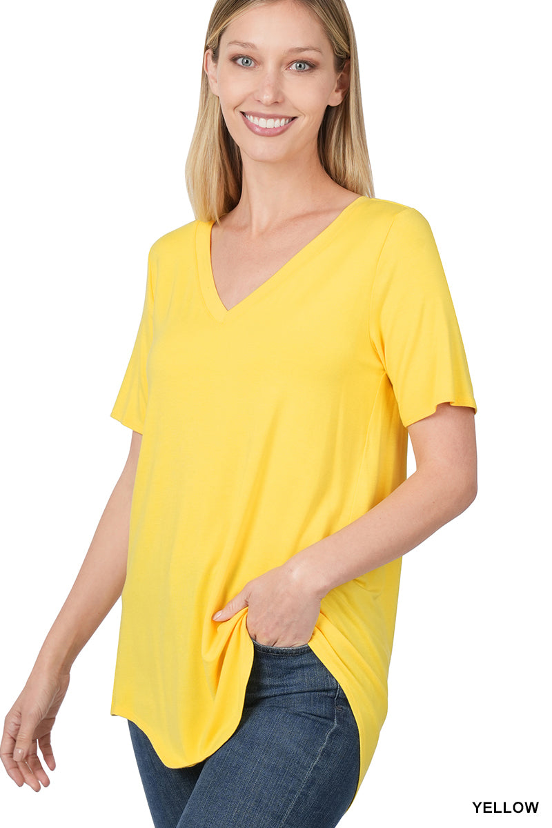 Luxe Rayon Short Sleeve V Neck Hi Low Hem Top