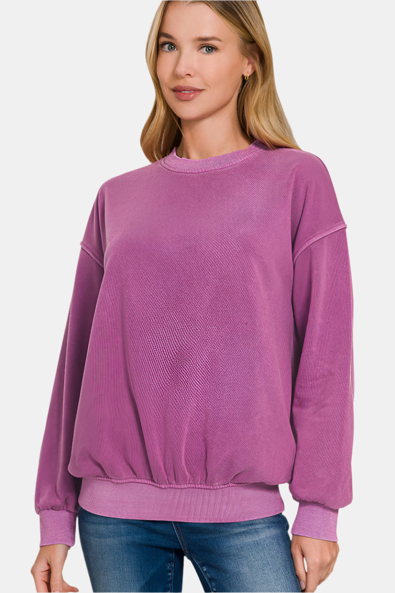 Soft Fleece Pigment Dye Round-Neck Sweatshirt / LT PLUM