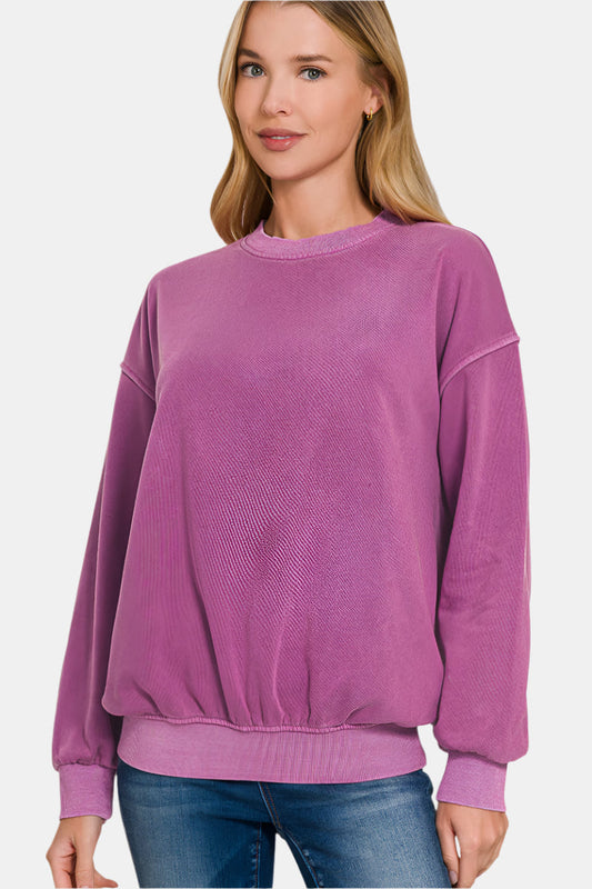 Soft Fleece Pigment Dye Round-Neck Sweatshirt / LT PLUM