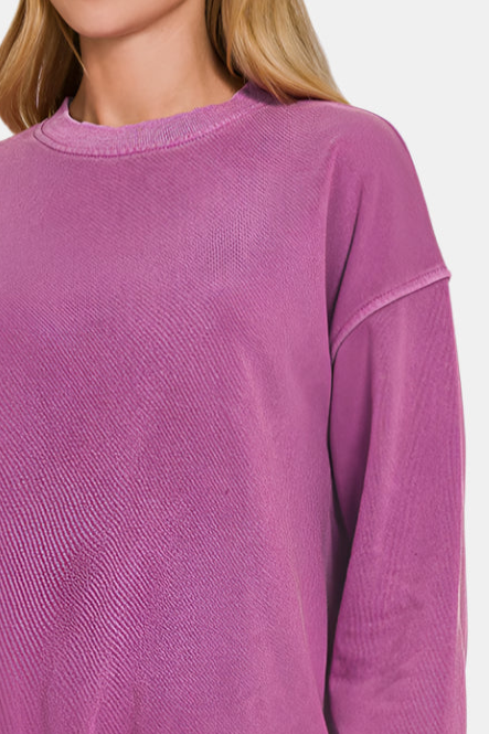 Soft Fleece Pigment Dye Round-Neck Sweatshirt / LT PLUM