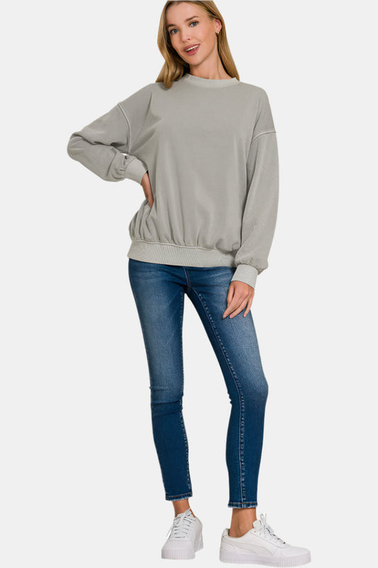Soft Fleece Pigment Dye Round-Neck Sweatshirt / SLEET