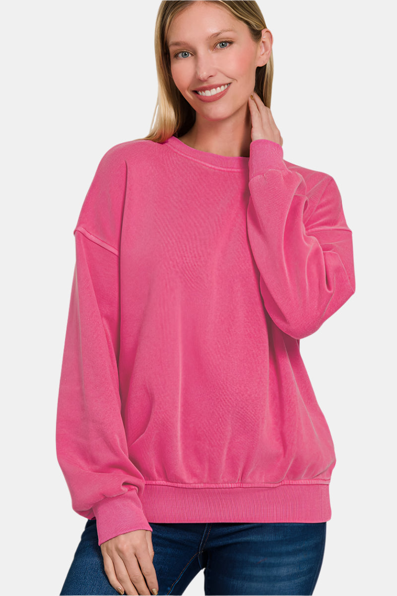 Soft Fleece Pigment Dye Round-Neck Sweatshirt / HOT PINK