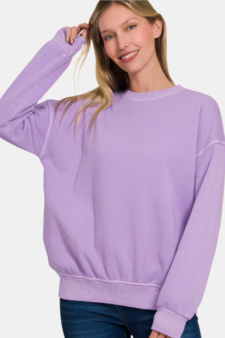 Soft Fleece Pigment Dye Round-Neck Sweatshirt / LAVENDER