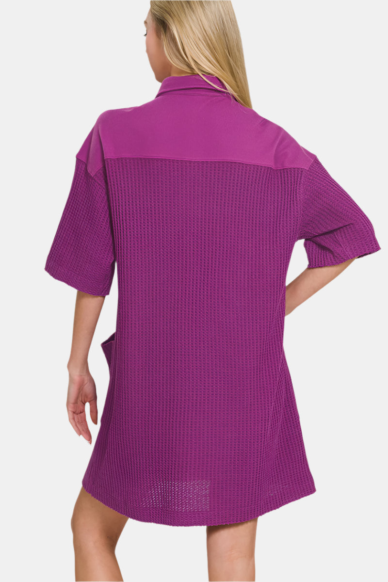 Waffle Half-Button Dress with Pocket / DUSTY BLUE