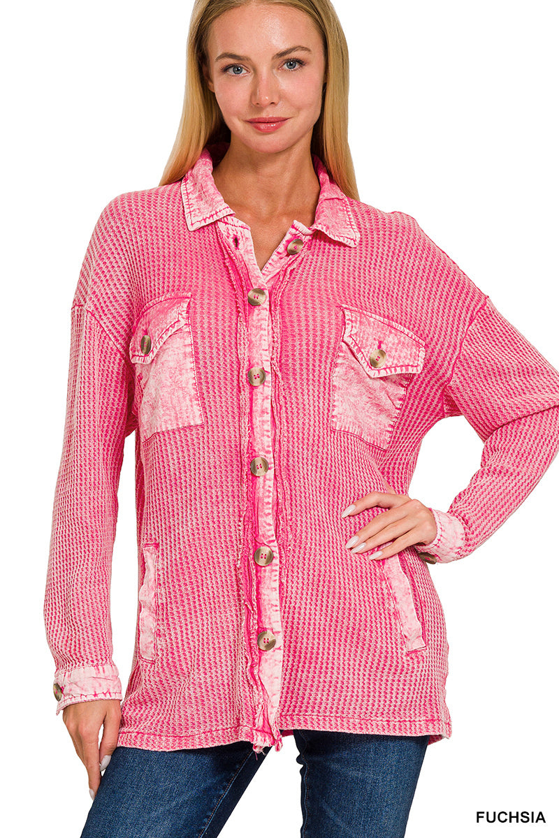 Cotton Waffle Acid Wash Oversized Shacket