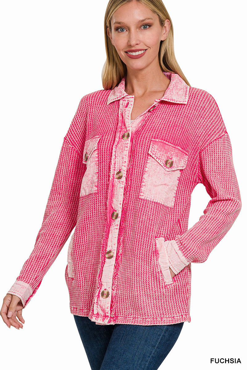 Cotton Waffle Acid Wash Oversized Shacket