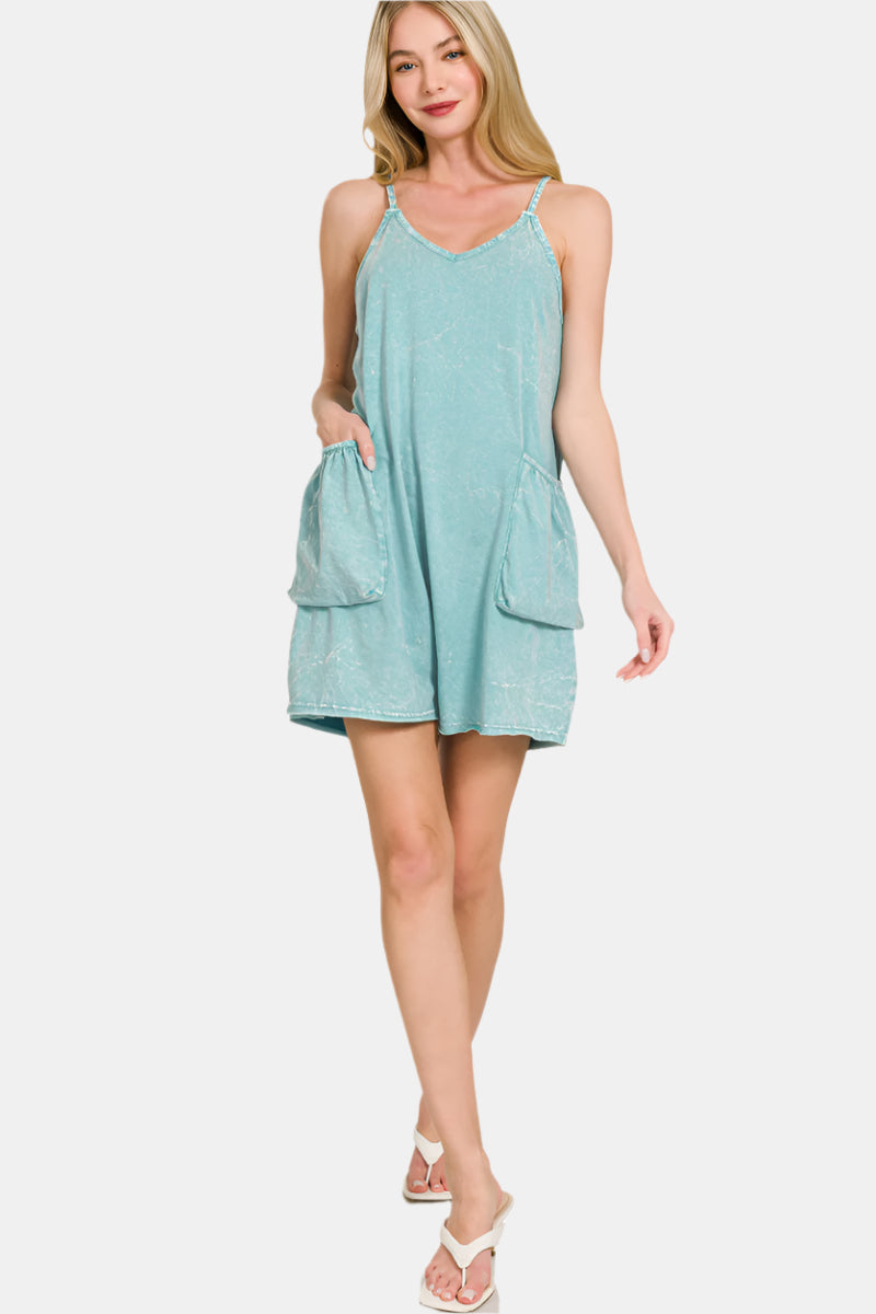 Acid Crinkle Washed Spaghetti Strap Pocketed Romper / FUCHSIA