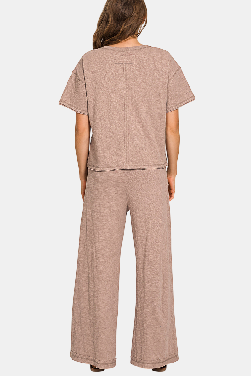 Cotton Slub Short Sleeve Tee & Pants Set / ASH MOCHA