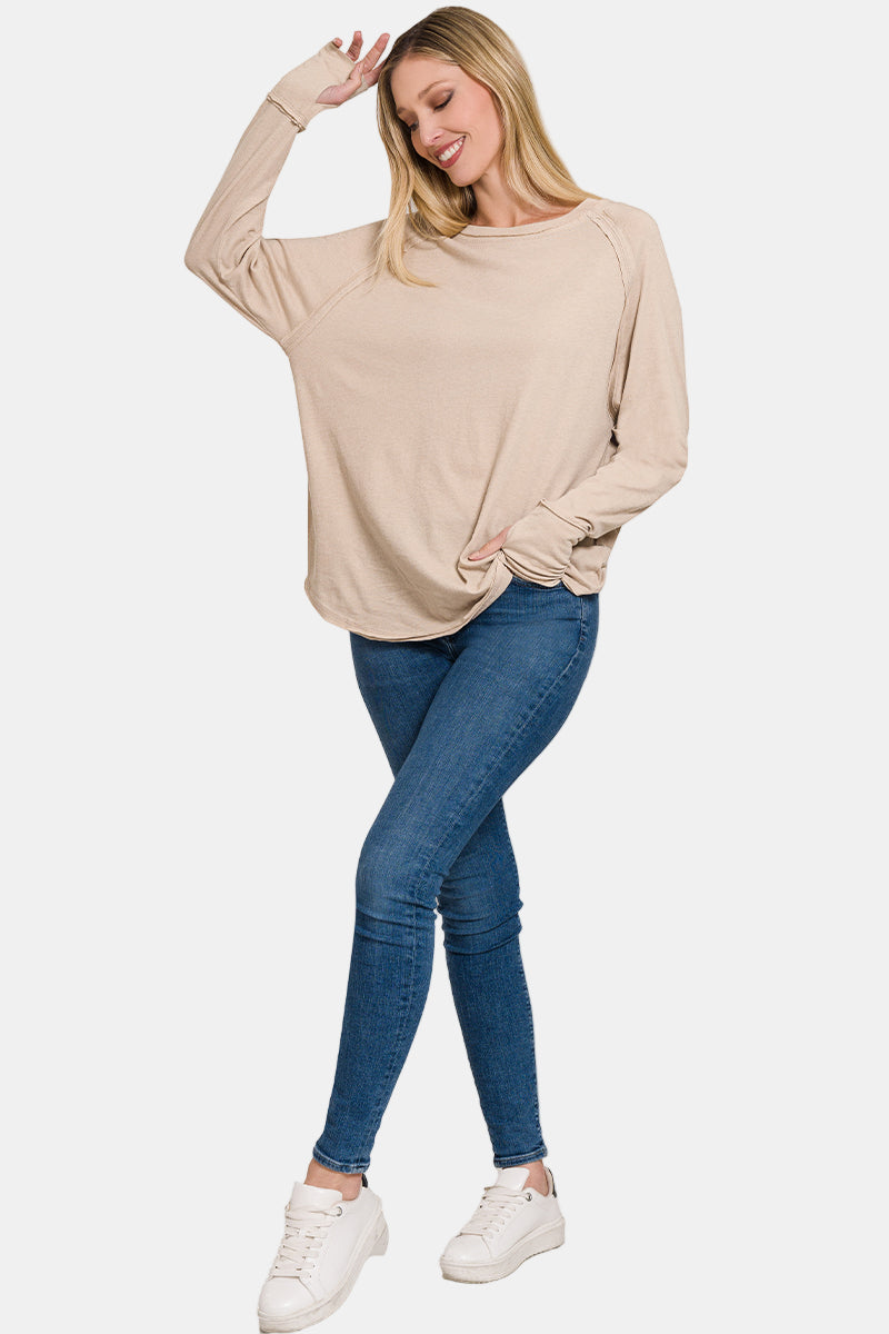 Cotton Raglan Sleeve Thumbhole Top / LT MOCHA