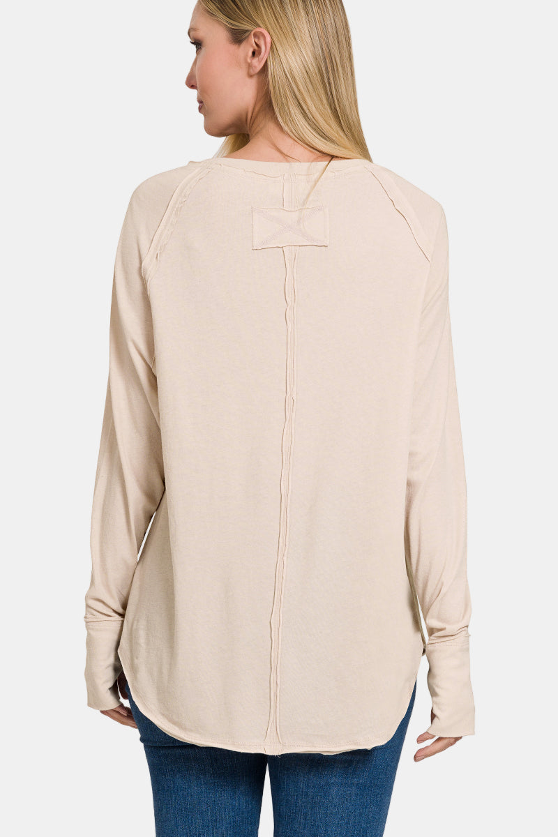 Cotton Raglan Sleeve Thumbhole Top / LT MOCHA