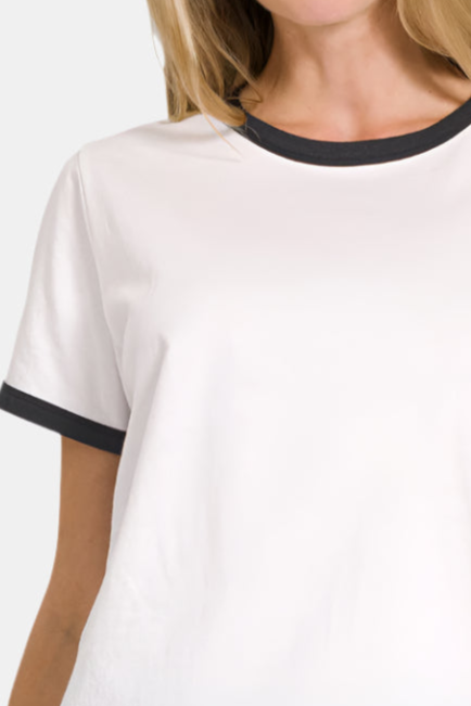 Contrast Binding Short Sleeve Tee Shirt / IVORY/BLACK