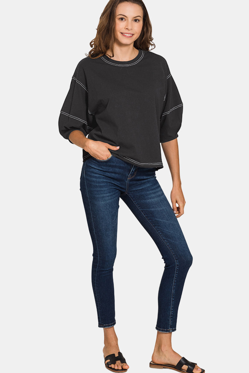 3/4 Balloon Sleeve Top / WHITE