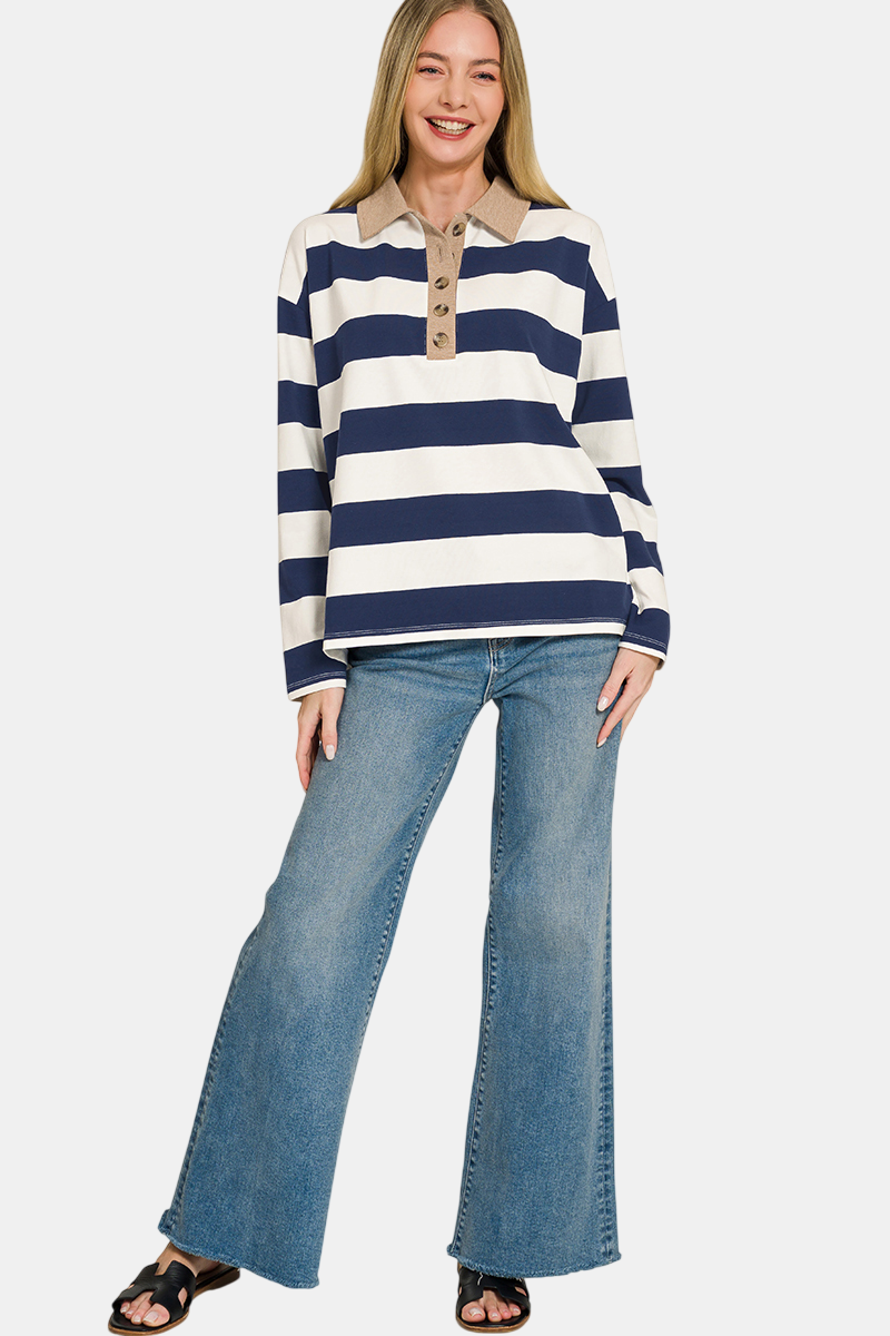 Striped Contrast Collar Polo Tee / DK PINK