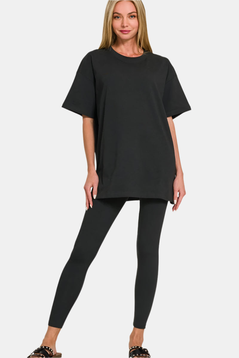 Cotton Round Neck Top & Legging Set / BLACK