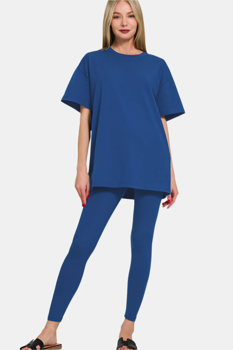 Cotton Round Neck Top & Legging Set / LT NAVY