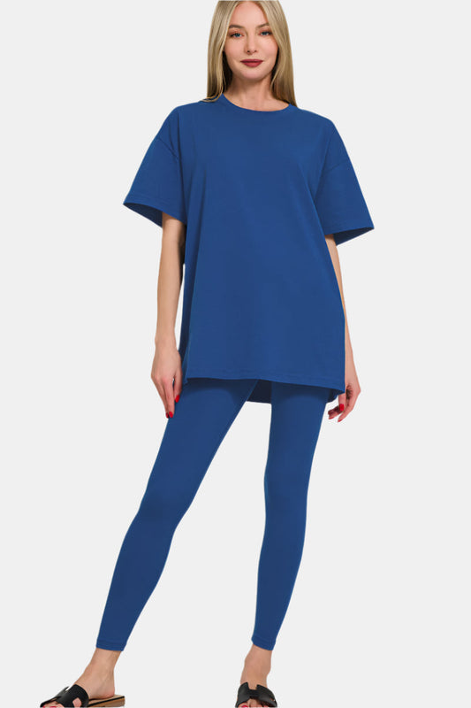 Cotton Round Neck Top & Legging Set / LT NAVY