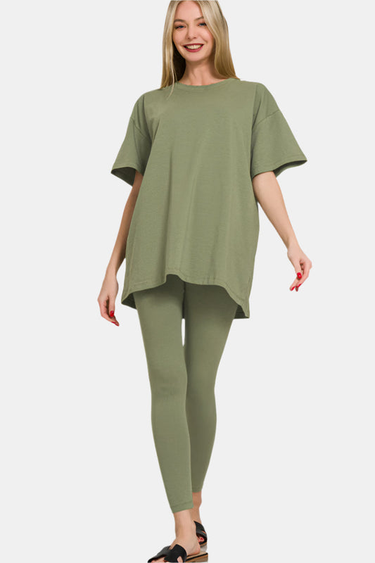 Cotton Round Neck Top & Legging Set / LT OLIVE