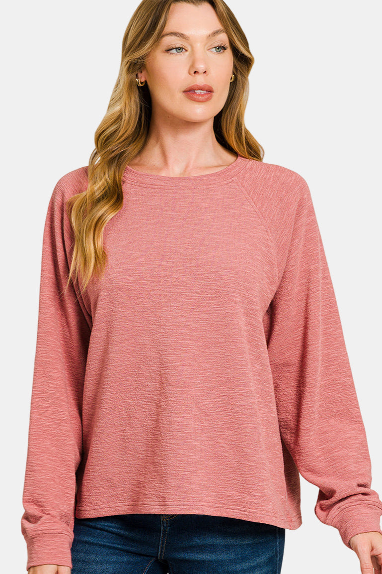 Slub Long Sleeve Top & Pants Set / DK PINK