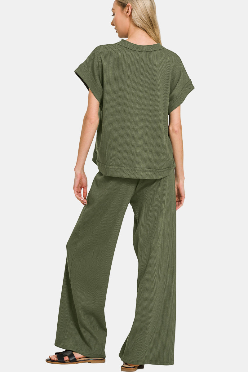 Ribbed Short Sleeve Tee & Pants Set / BLACK