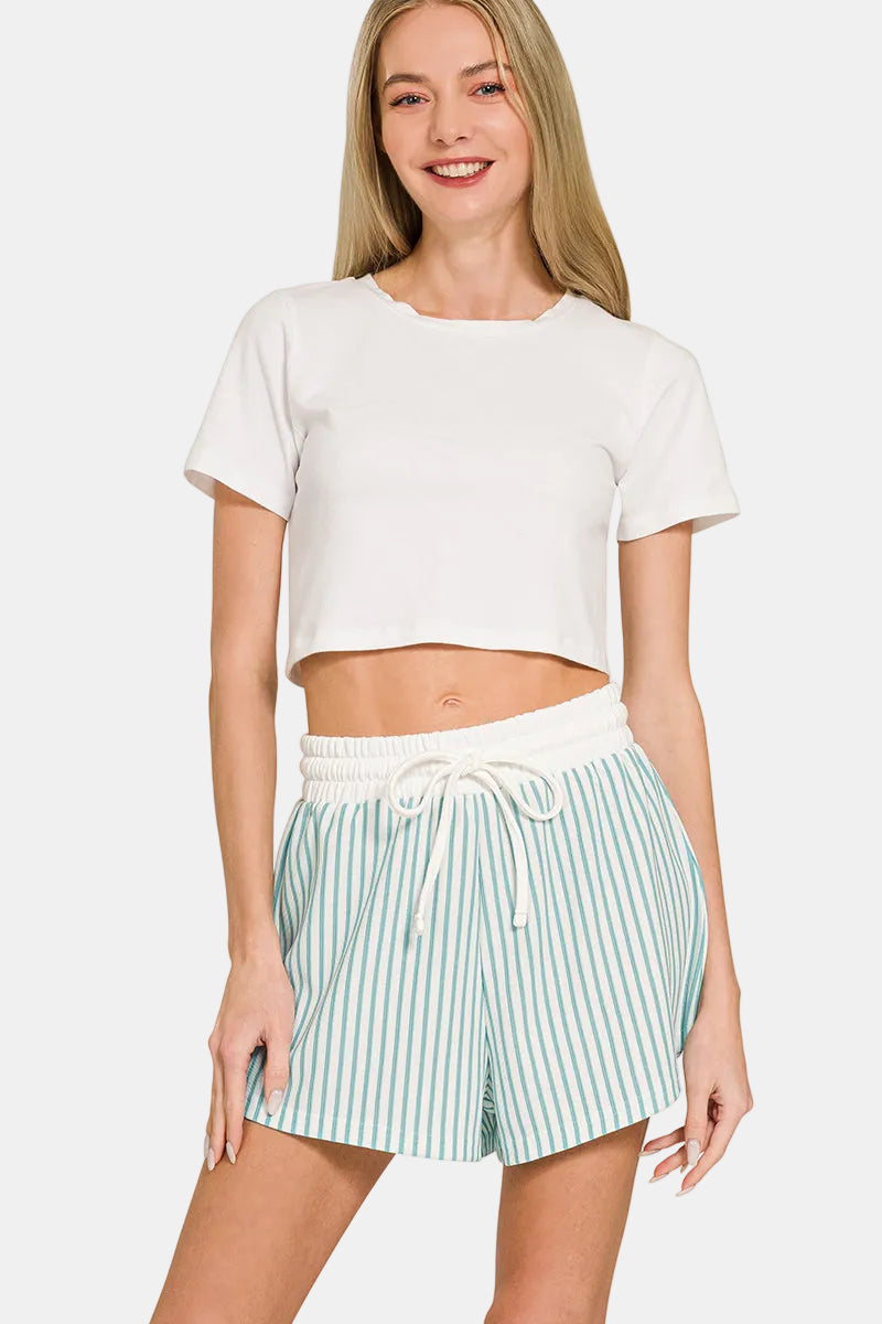 Striped Collared Top & Shorts Set / BLACK