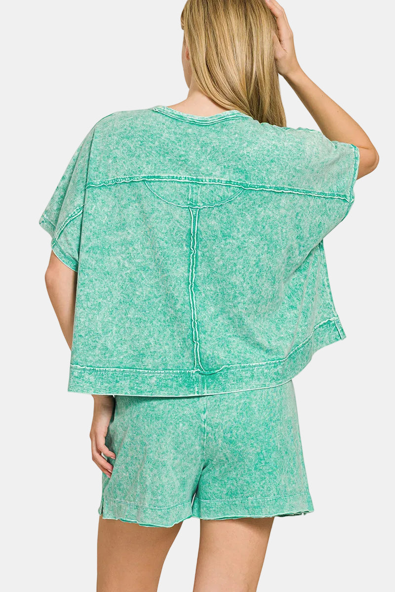 Halo Snow Washed Boxy Top & Shorts Set / LT GREY