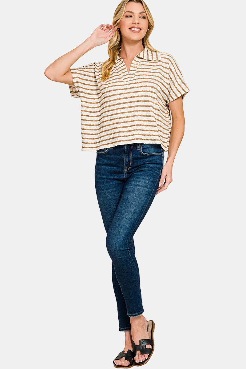 Striped Split Neck Collared Top / BROWN
