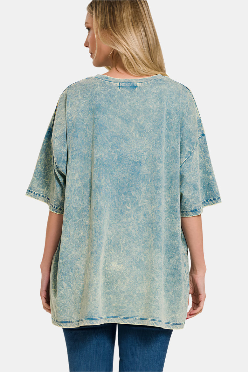 Acid Wash Cotton Drop Shoulder Boyfriend Box Tee / TURQUOISE