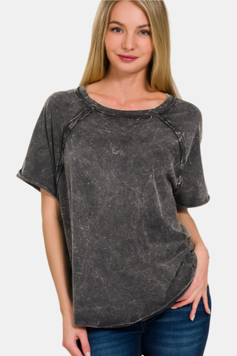 Back Patch Crinkle Washed Raglan Sleeve T-Shirt / ASH BLACK