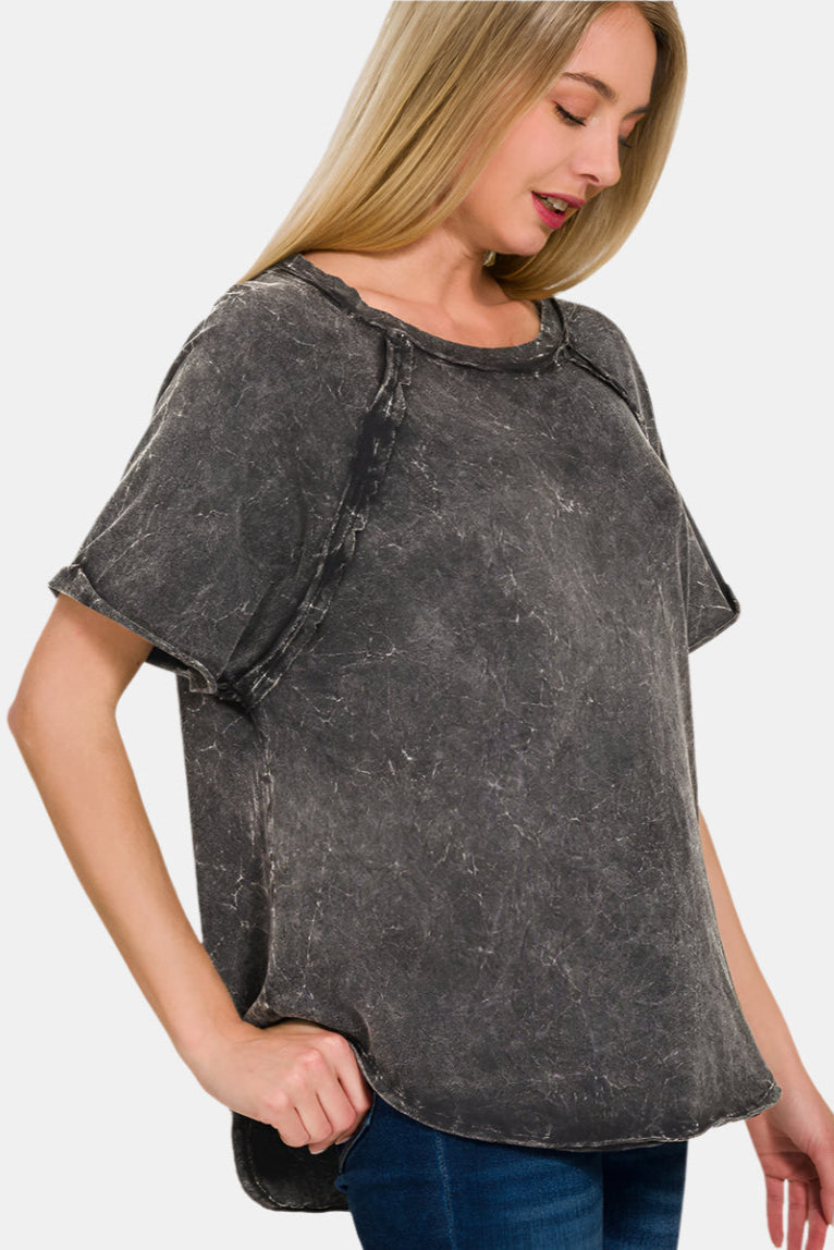 Back Patch Crinkle Washed Raglan Sleeve T-Shirt / ASH BLACK