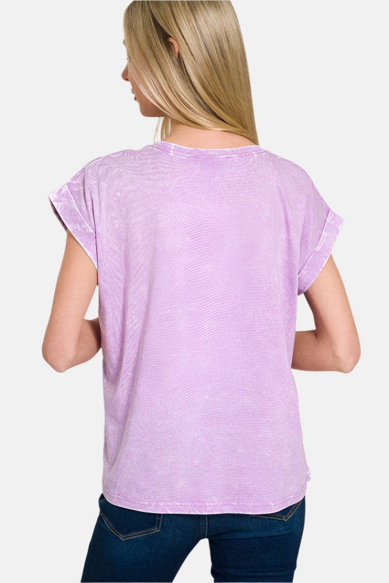 Crinkle Washed Round Neck Folded Short Sleeve Tee / SLEET