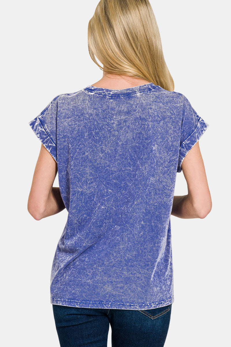 Crinkle Washed Round Neck Folded Short Sleeve Tee / LT TEAL