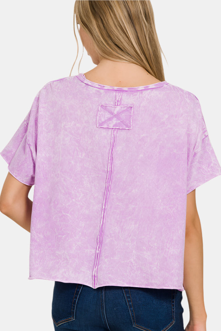 Washed Crew Neck Short Sleeve Crop Box Tee / CANDY PINK