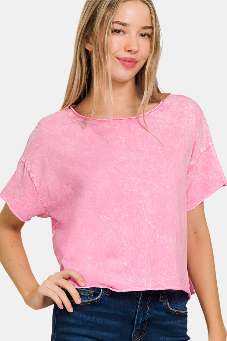 Washed Crew Neck Short Sleeve Crop Box Tee / CANDY PINK