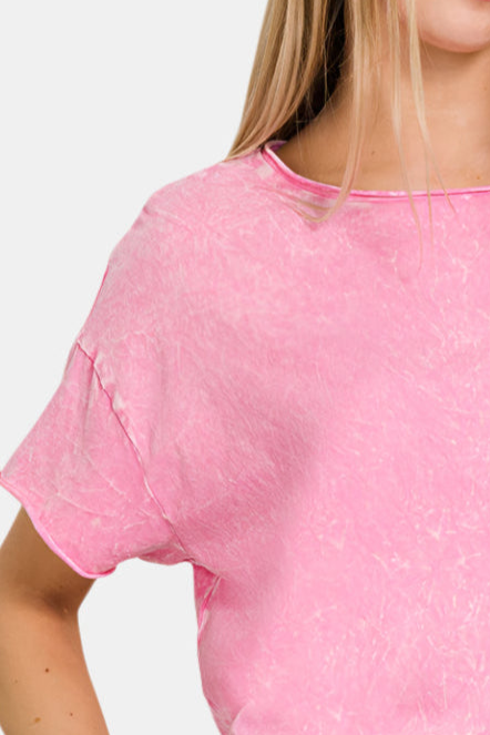 Washed Crew Neck Short Sleeve Crop Box Tee / CANDY PINK