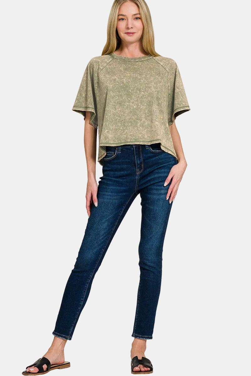 Acid Washed Round Neck Crop Tee / ASH BLACK