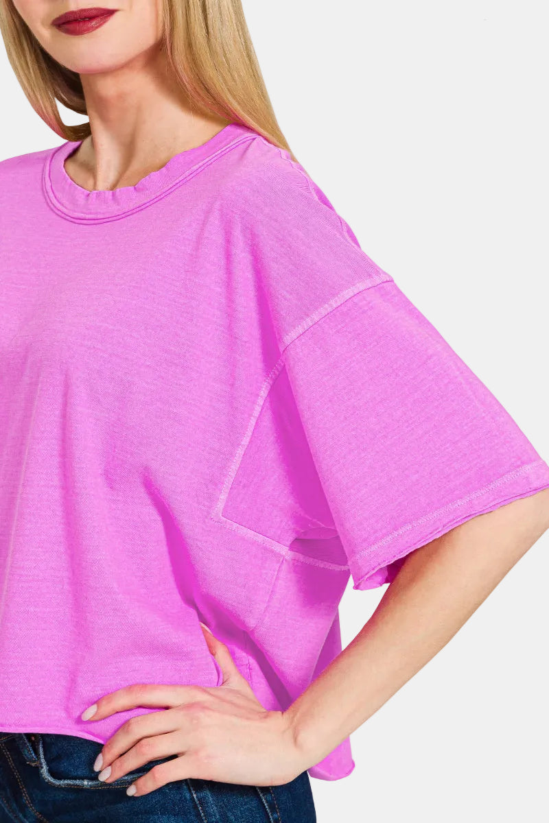 Pigment Dye & Enzyme Washed Oversized Crop Box Tee / FUCHSIA