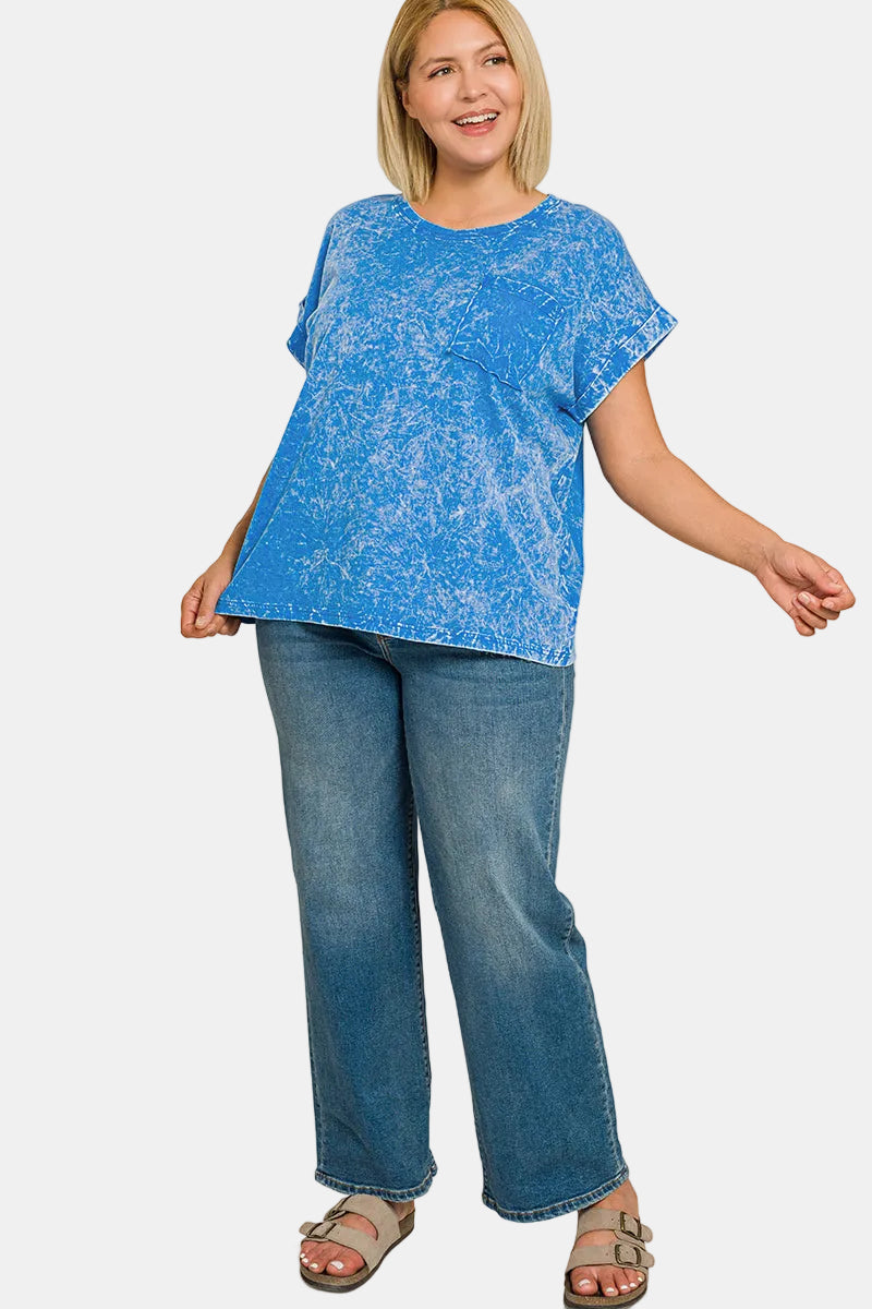 Crinkle Washed Round Neck Pocket Folded Sleeve Tee / ASH BLACK