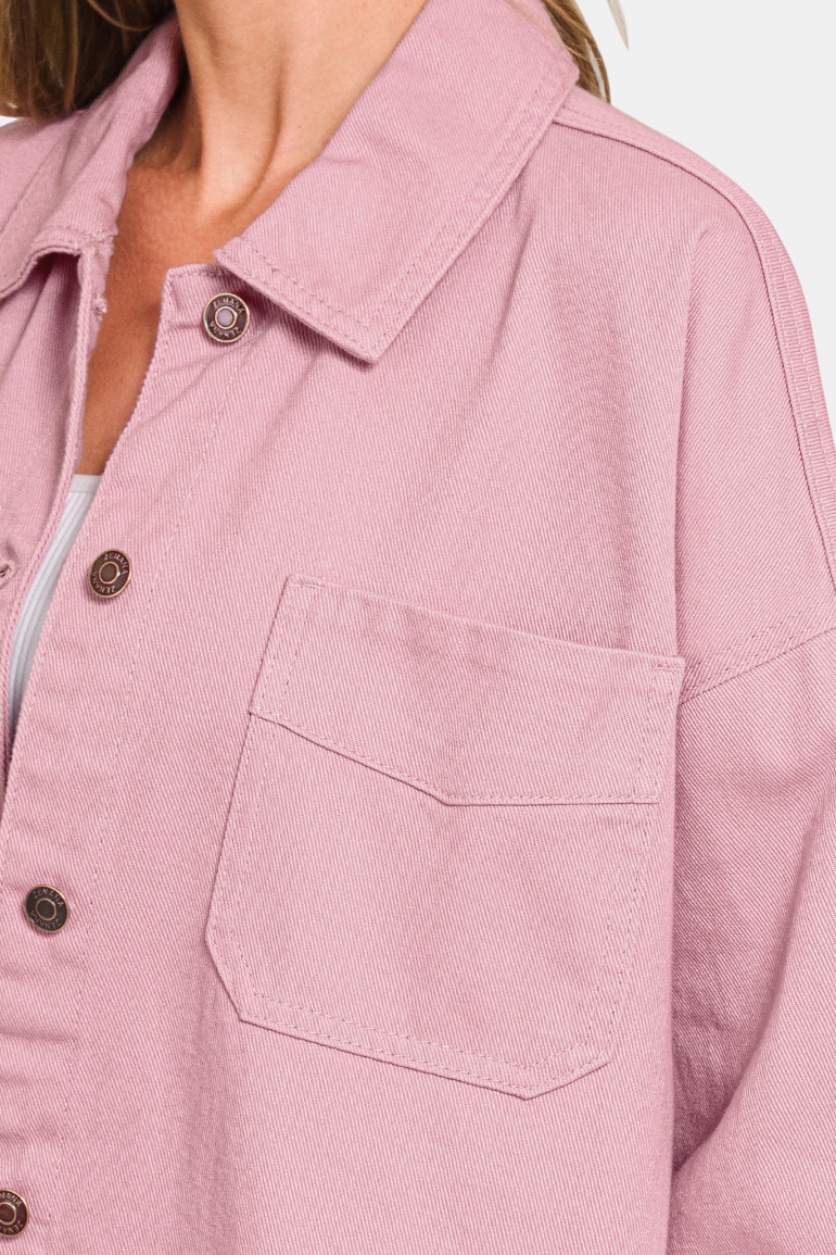 Oversized Collared Neck Button Front Shacket / NAVY
