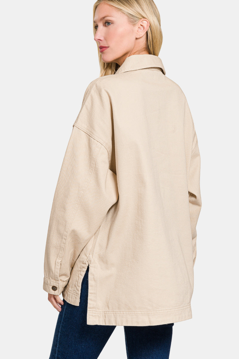 Oversized Collared Neck Button Front Shacket / NAVY