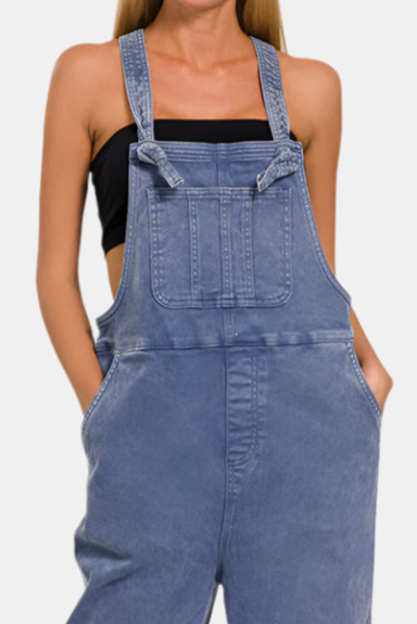 Washed Knot Strap Relaxed Fit Overalls / BLACKBERRY