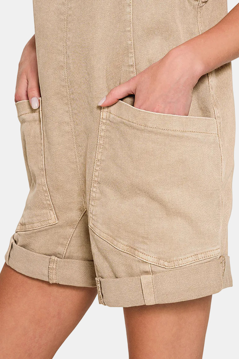 Washed Adjustable Strap Romper With Pocket / OCEAN BLUE