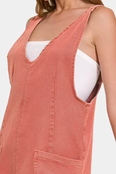 Washed Adjustable Strap Denim Overall Dress / CABERNET