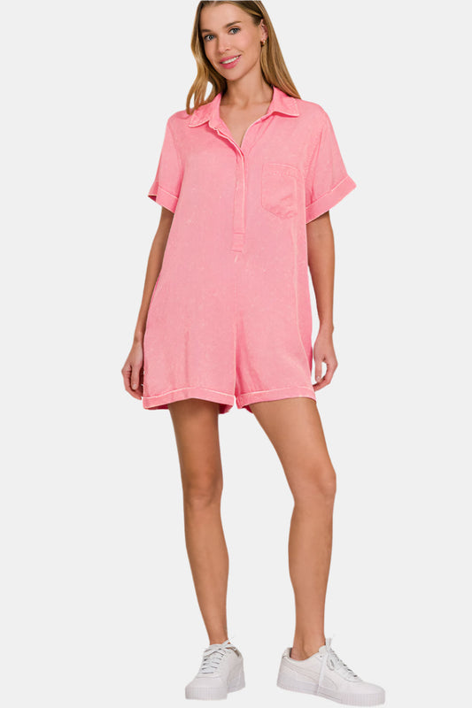 Tencel Mineral Washed Half Button Shirt Romper / DK PINK