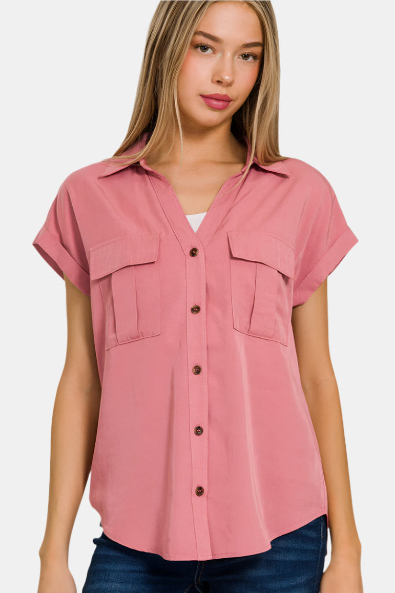 Tencel V-Neck Collared Top With Front Flap Pockets / DUSTY ROSE