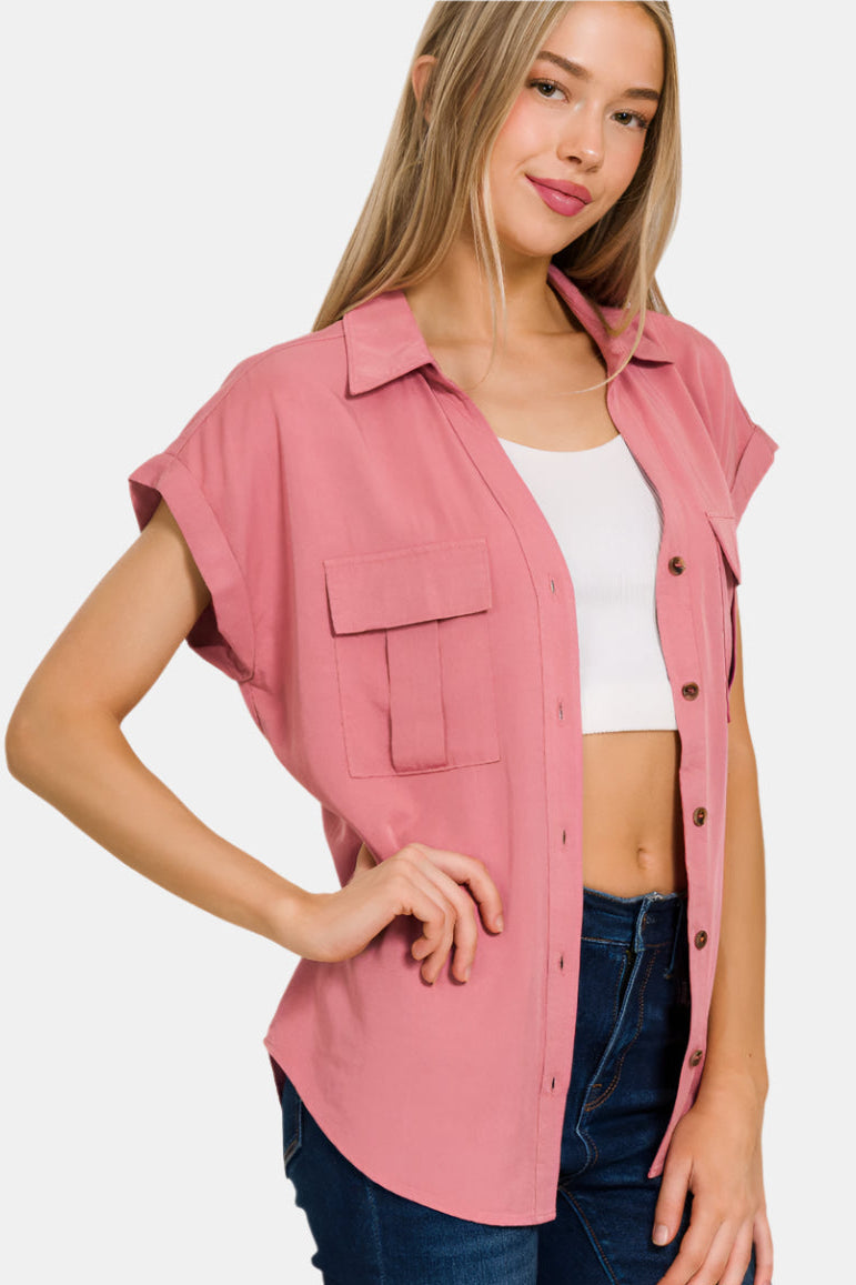 Tencel V-Neck Collared Top With Front Flap Pockets / DUSTY ROSE