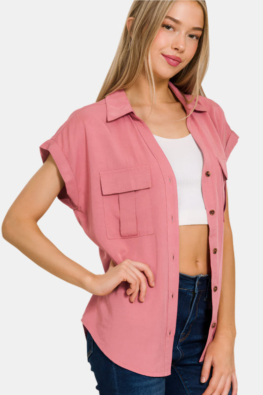 Tencel V-Neck Collared Top With Front Flap Pockets / DUSTY ROSE